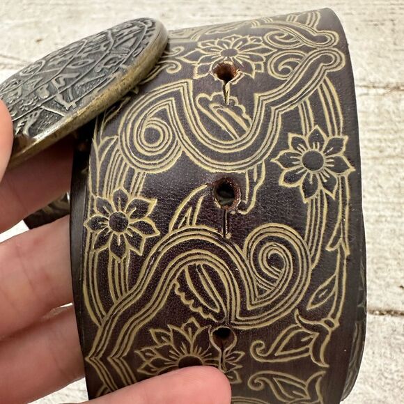 Vintage Italian Made Embossed Leather Belt With Mayan Aztec Buckle - Picture 3 of 9